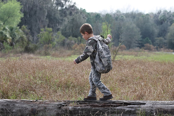boy, camouflage, outdoors, nature, kid, child, balancing
