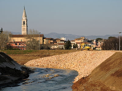 river, sassi, levee, campanile, landscape, san bonifacio, italy