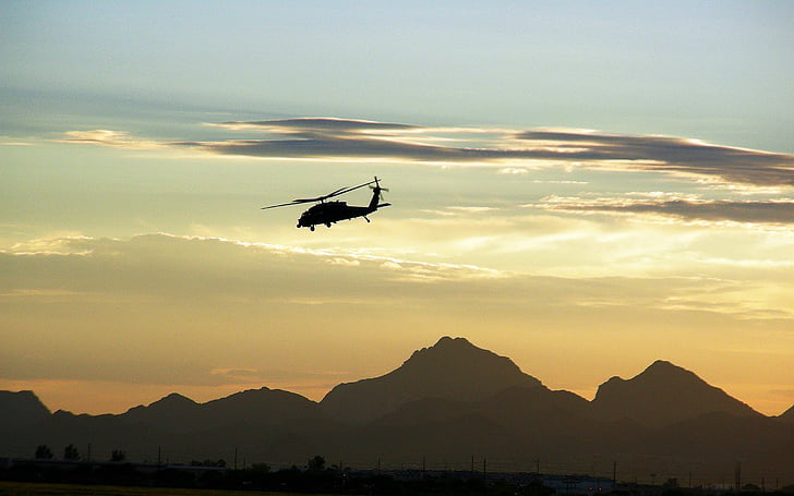 military helicopter, flying, dusk, mountains, desert, chopper, flight