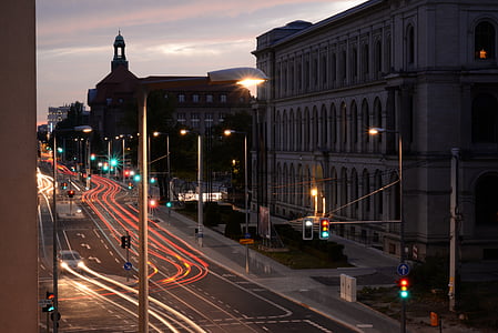 tráfego, luzes, pôr do sol, Berlim, Alemanha