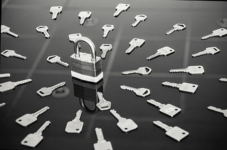 银, 挂锁, 包围, 钥匙, 锁, 黑色和白色, 钢
