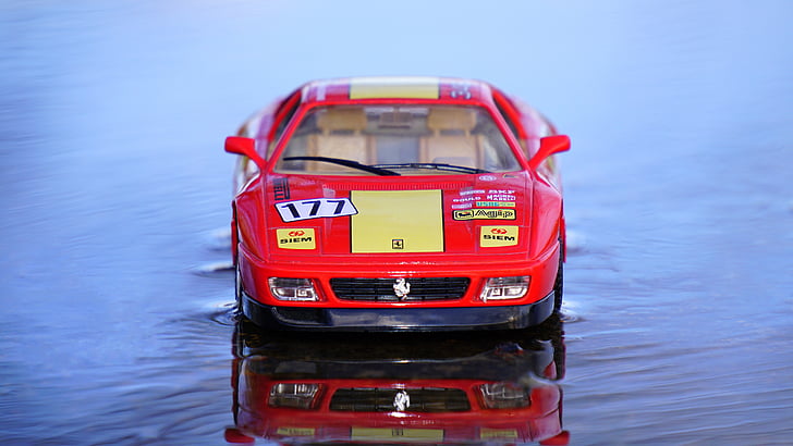 ferrari, miniature, model car, red, sports car, toy car, water