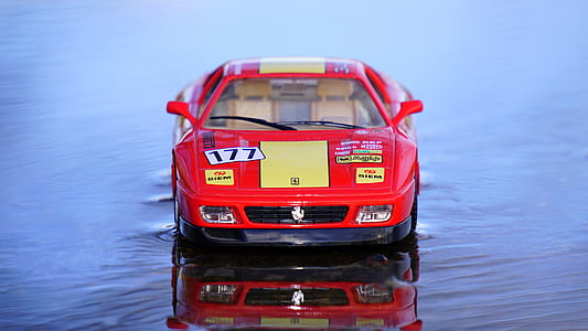 Ferrari, miniaturowe, Model samochodu, czerwony, samochód sportowy, Samochodzik, wody