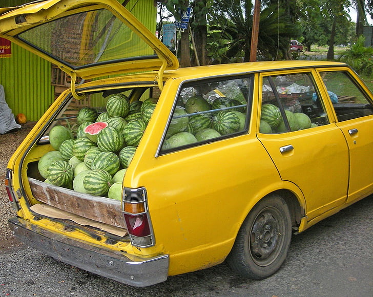 melancia, entrega, carro, carregado, engraçado, melão