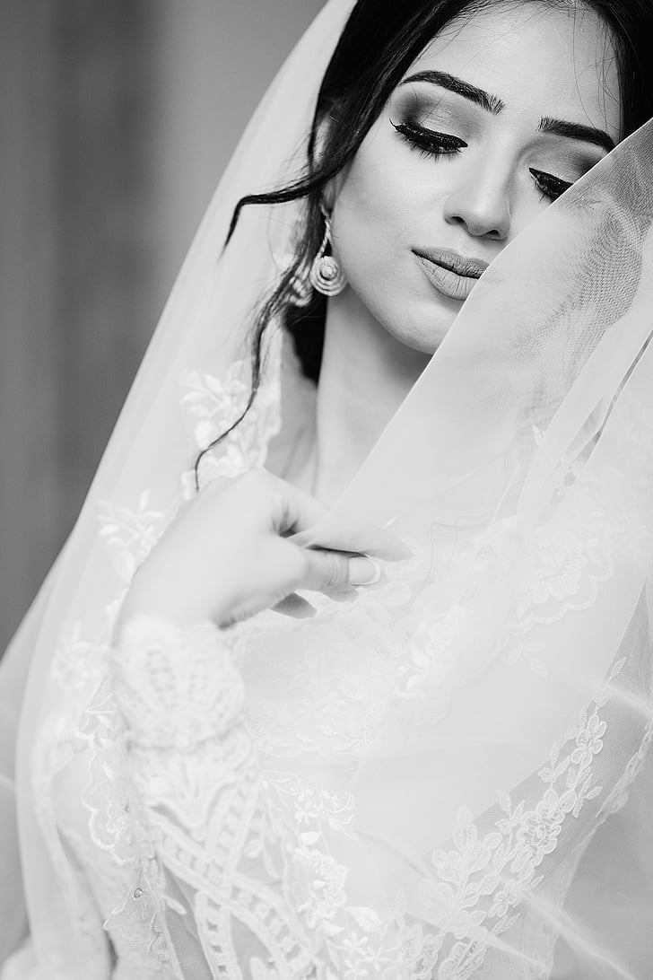 aantrekkelijke, mooie, zwart-wit, Bruidsmode, bruid, jurk, elegante