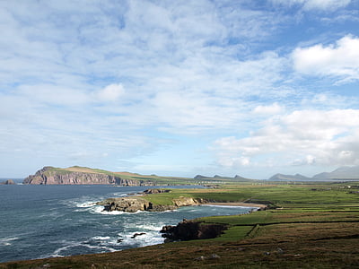 Irland, Hill, havet, stranden, bokade, grön, landskap