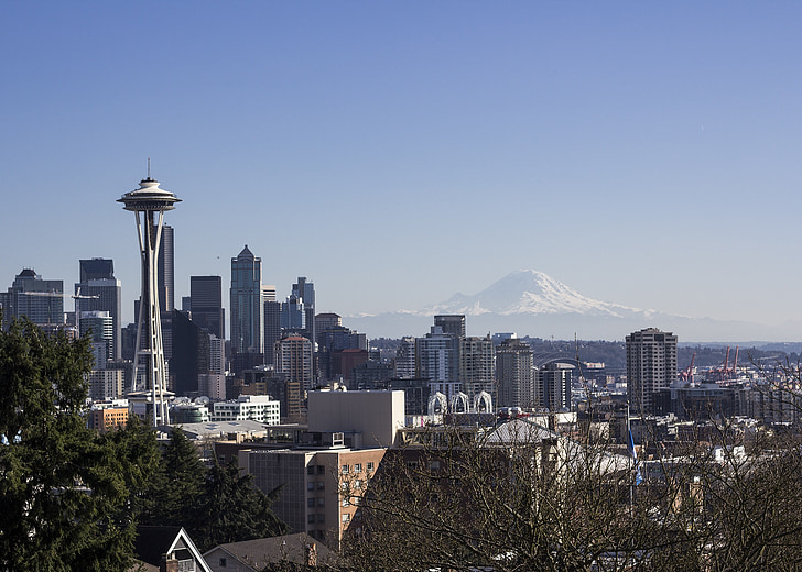 Seattle-ben, Mount rainier, Washington, Space needle, északnyugati, város, Skyline