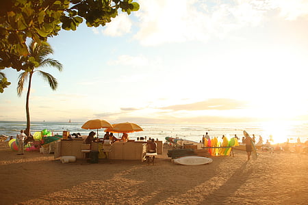 more, plaža, zalazak sunca, na Havajima, Waikiki, ljudi, ljeto