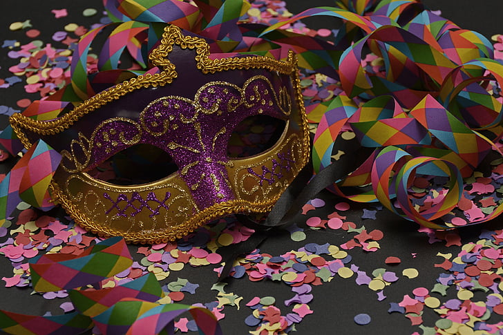 maske, karneval, konfetti, streamer, farverige, Venedig, mystisk