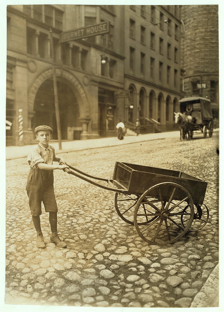 child labor, boy, carriage, historic, people, children, black and white