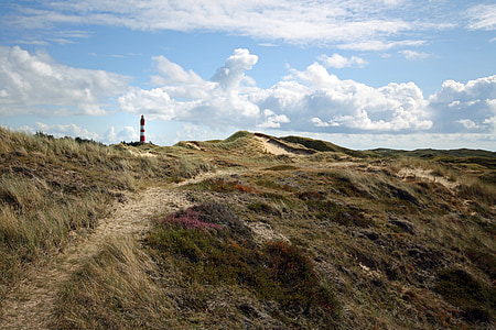Amrum, Nordfriesland, Φάρος, θίνες, σύννεφα, το καλοκαίρι, ευρεία