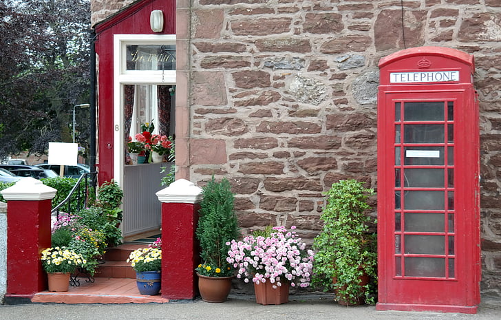 phone booth, old, house, red, england, scotland, building
