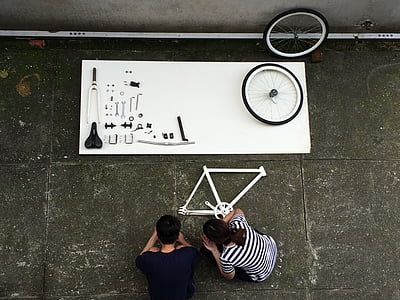 asamblare bicicleta, componenta, biciclete, vedere de sus, alb-negru, constructor, detalii
