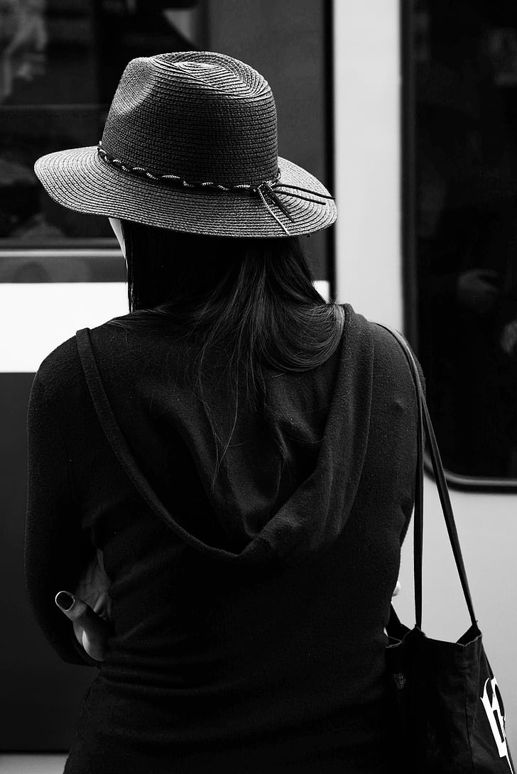 woman, hat, black and white, girl, young, female, person