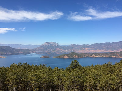 Lago Lugu, céu azul, nuvem branca, Lago, natureza, montanha, scenics