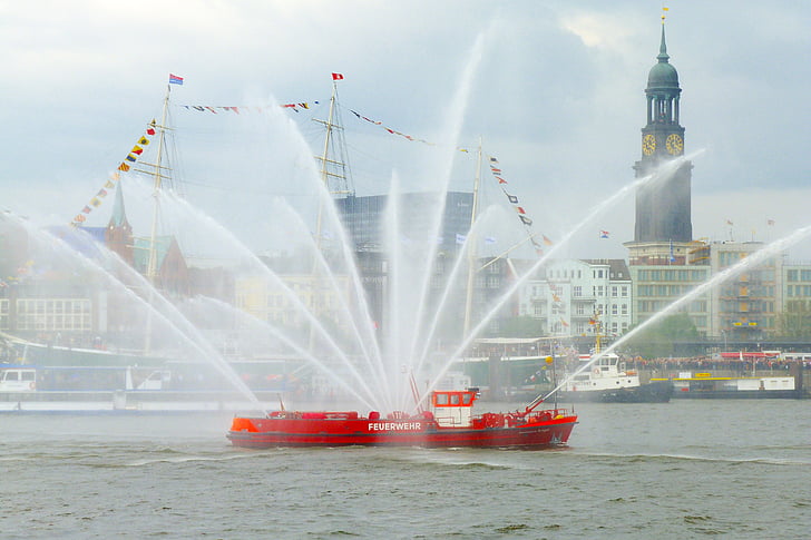 laivas, gaisro, loeschbot, Hamburgas, uosto, Elbės, fontanas