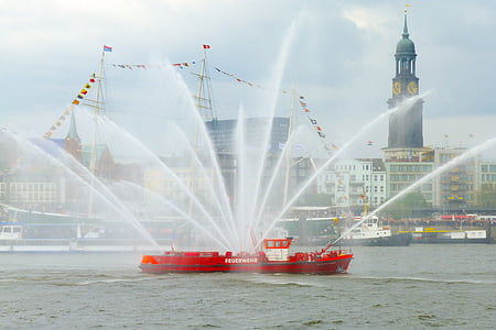 skipet, brann, loeschbot, Hamburg, port, Elbe, fontene