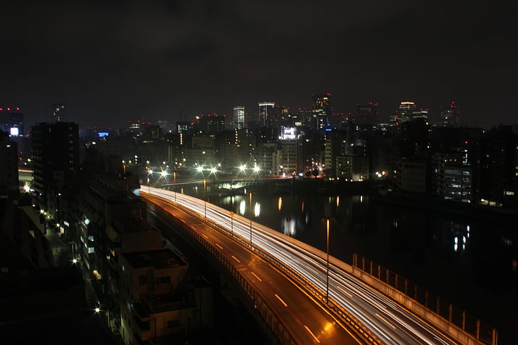bridge, highway, night, transportation, urban, street, buildings