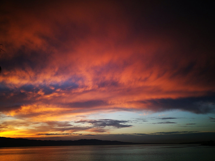 solnedgang, Messinastredet, Reggio calabria, utsikt fra vannkanten, skyer, effekt, himmelen