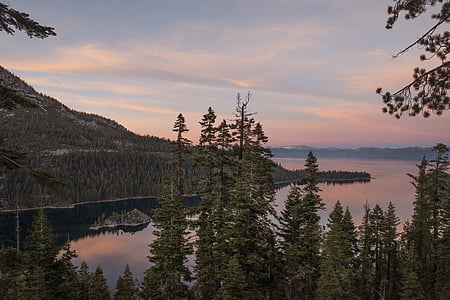 Lake tahoe, krēslas stundā, ainava, daba, vakarā, krēslas, debesis