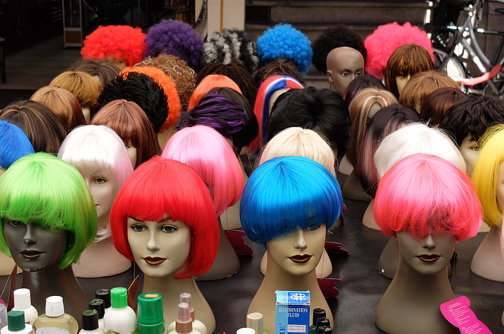 parykker, hår, markedet, moro, farger, dukke, menneskekroppen del