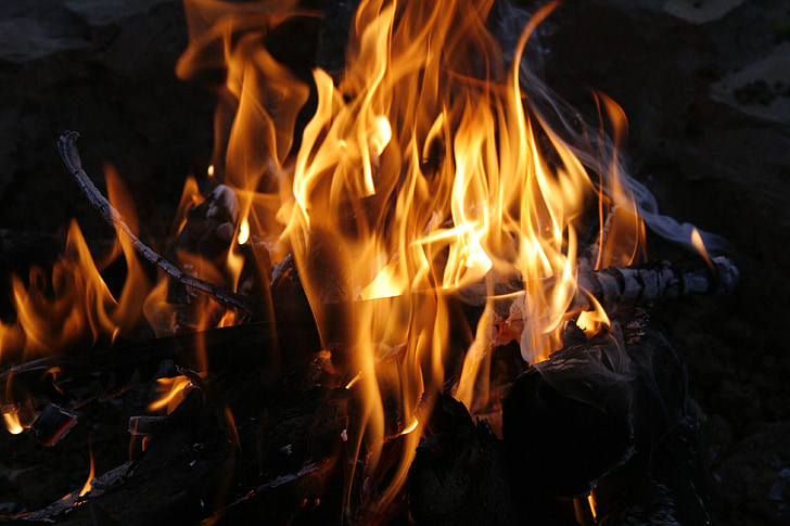 bonfire, flames, wood, burn, campfire, smoke, burning