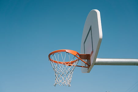 atleta, cesta, basquete, cesta de basquete, céu azul, placa, diversão