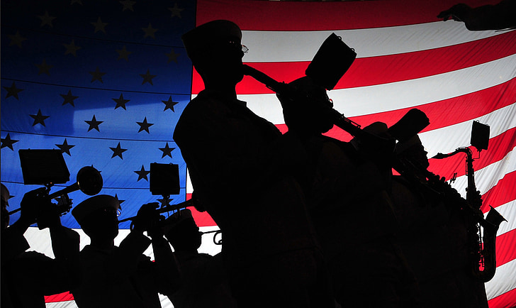 band, ceremonial, performance, silhouettes, american, flag, music