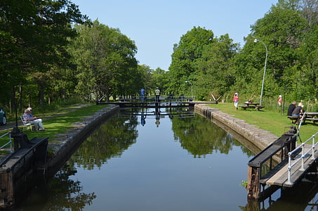Hjälmare kanal, pintu air, Västmanland, Swedia, musim panas
