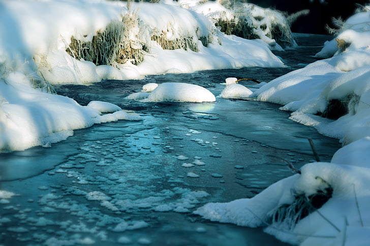 river, water, winter, ice, snow, nature, blue