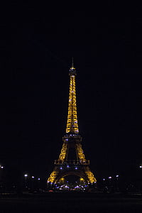 Эйфелева башня, ночь, Освещенная, Париж, Франция, Ориентир, знаменитый