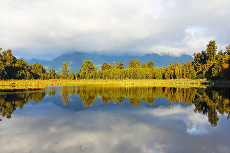 Lago, Lago matheson, impresionante, hermosa, reflexión, agua, amarillo