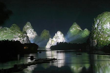 планини, панорама, нощ, осветени, фон, пейзаж, вода