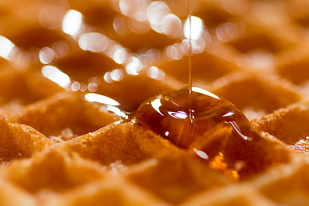 closeup, photo, dripping, honey, waffle, food, foods