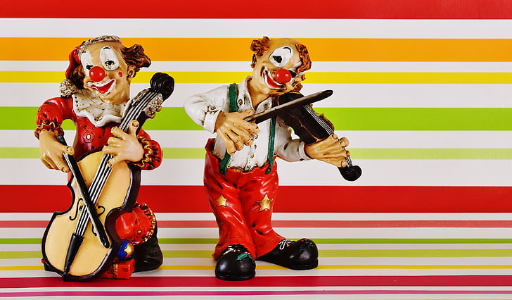 klaunovi, smiješno, glazbenik, figure, zabava, glazba, umjetnost kultura i zabava