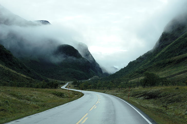 đường cong, sương mù, sương mù, đường, chuyến đi đường, roadtrip, núi