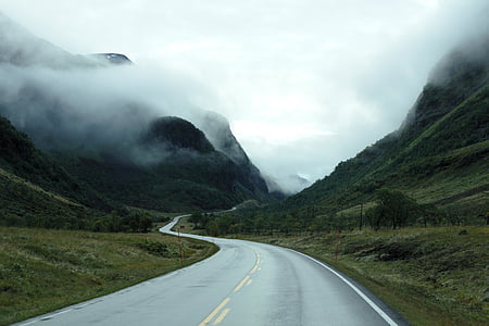 curvas, nevoeiro, nebuloso, estrada, viagem de carro, Roadtrip, montanha