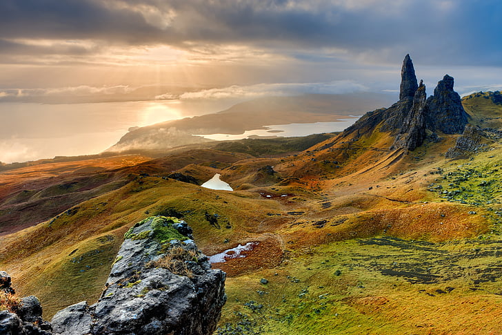 landscape, scotland, isle of skye, old man of storr, morning, sunrise, nature