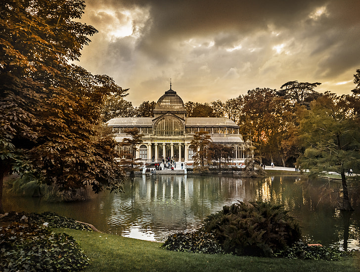 Madrid, Crystal palace v Londýně, Parque del retiro, Architektura, známé místo, voda, reflexe