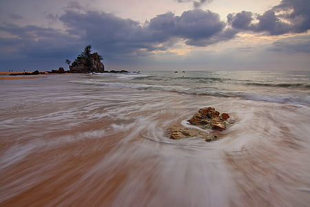 beach, cloudy, dawn, dusk, nature, ocean, rocks