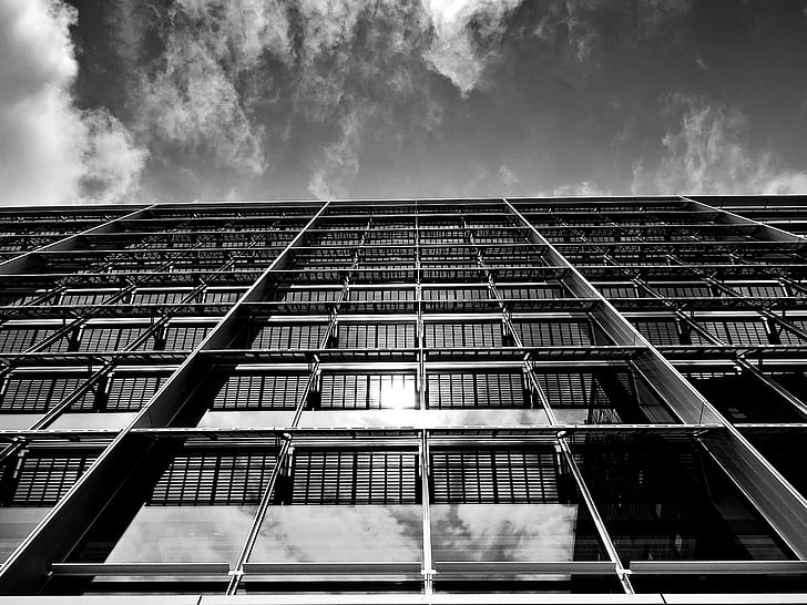 architecture, black and white, building, clouds, futuristic, glass, glass items