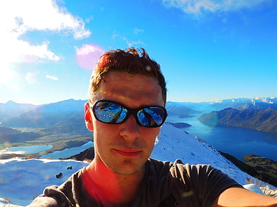 Nueva Zelanda, jóvenes, hombre, excursionista, Trekker, montañas, soleado