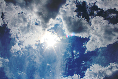 sky, sun, summer, clouds, rays, white, the sun behind the cloud