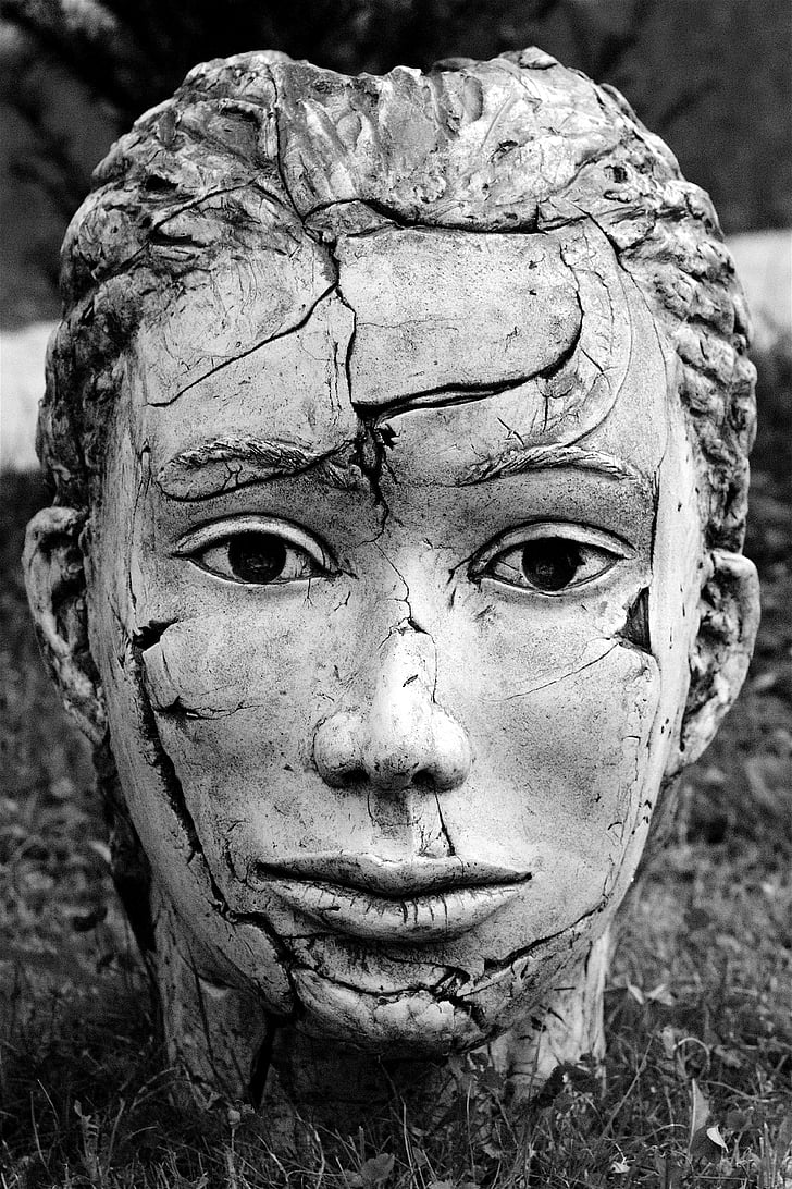 munn, øyne, nese, ansikt, hodet, statuen, svart-hvitt