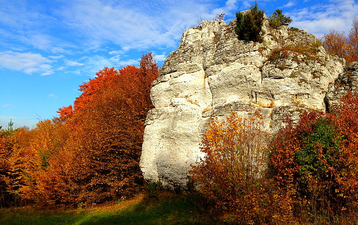 rotsen, herfst, landschap, Polen, natuur, kalksteen, loof
