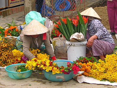 αγορά, γυναίκες, λουλούδι, Βιετνάμ, παραδοσιακό, Οδός, πολύχρωμο