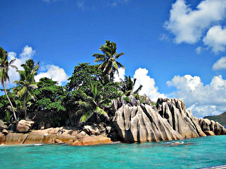 seychelles, indian ocean, holiday, rock, beautiful beach, palm trees, sea