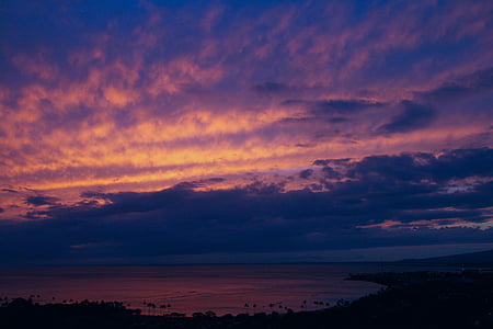 solnedgang, rosa, blå, skyer, Seascape, natur, Hawaii