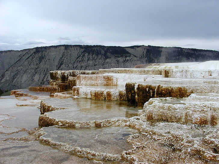 mamut kaplıca, Teras, sıcak su, renkli, mineraller, turistik, Yellowstone Milli Parkı