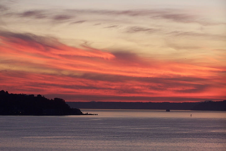 Sunset, Elliott bay, Puget sound, silhuetter, landskab, Seattle, Washington